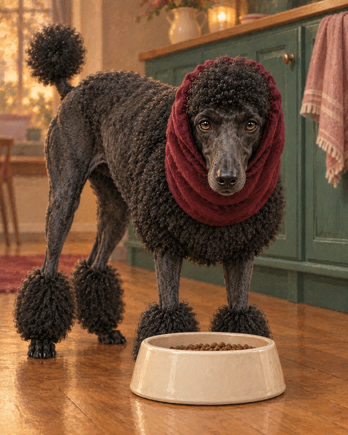 Philomena frisst mit einem weinroten Snood über den Ohren